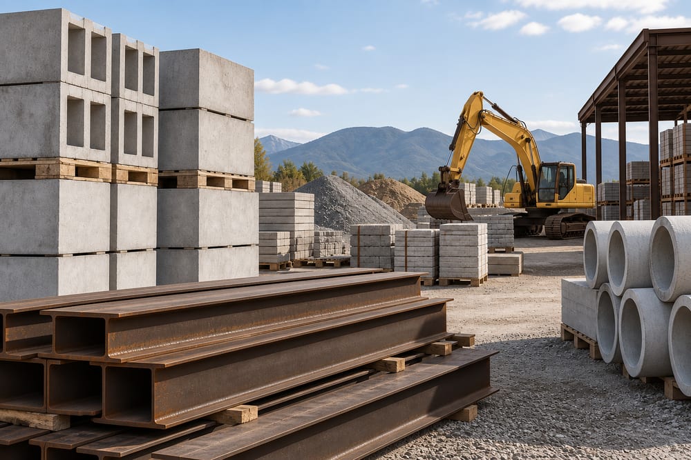 Construction materials and machinery at a building site