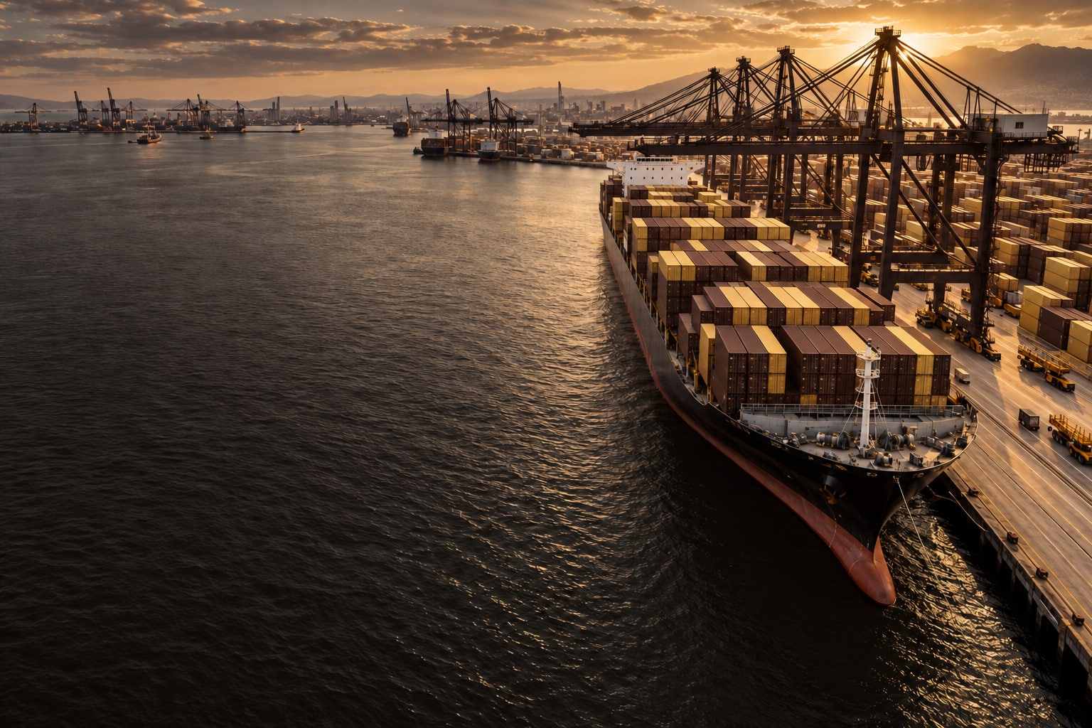 Cargo vessel and containers at a coastal port
